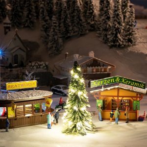 1/87 2 KERSTMARKTKRAAMPJES & VERLICHTE KERSTBOOM