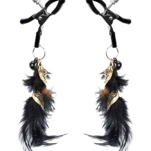 Rimba Bondage Play - Tepelklemmen met Veren - Zwart & Goud