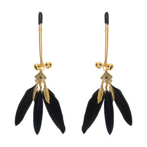 Rimba Bondage Play - Tepelklemmen met veren - Zwart & Goud