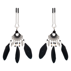 Rimba Bondage Play - Tepelklemmen met veren - Zwart & Zilver