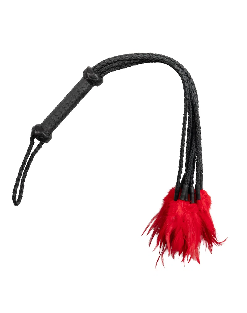 Rimba Bondage Play - Leren gevlochten zweep met veren – Zwart/Rood